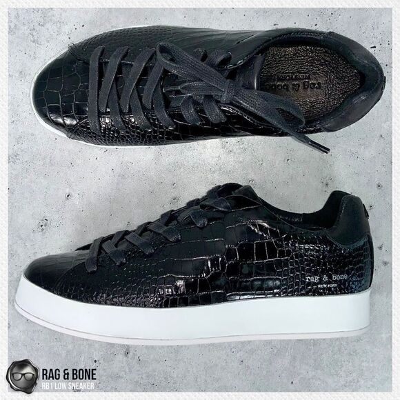 RAG AND BONE RB1 LOW PLATFORM SNEAKERS BLACK CROCODILE EMBOSSED LEATHER SIZE 7.5 - Picture 2 of 16